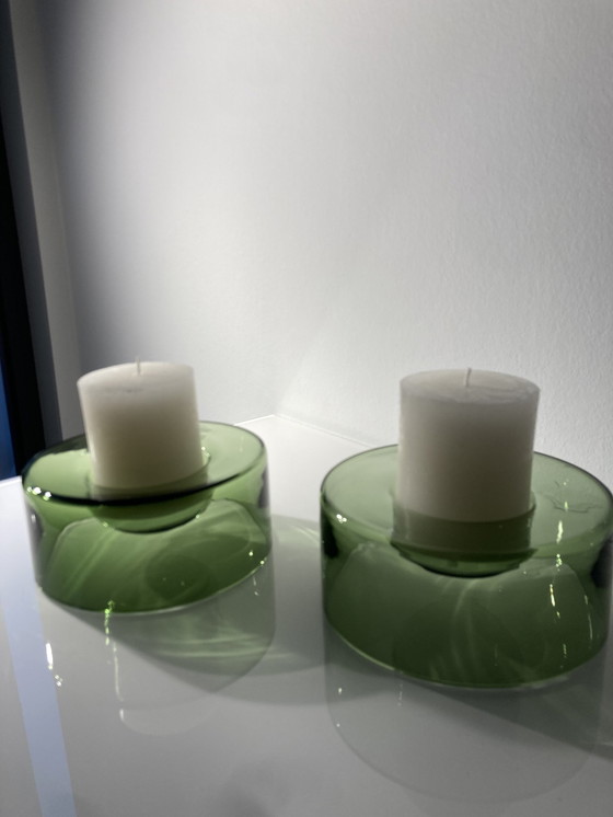 Image 1 of Set Of Two Green, Glass Candle Holders