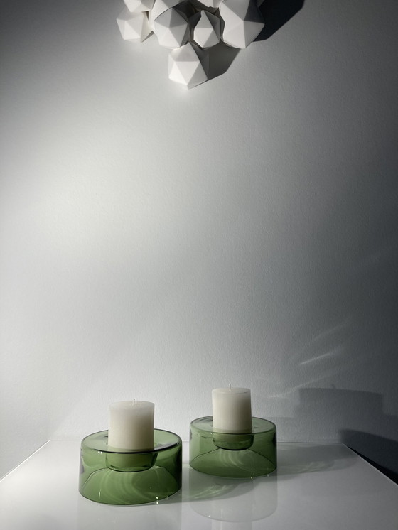 Image 1 of Set Of Two Green, Glass Candle Holders