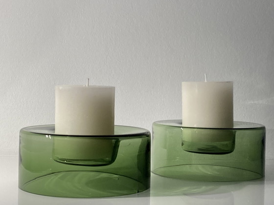 Image 1 of Set Of Two Green, Glass Candle Holders