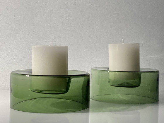 Image 1 of Set Of Two Green, Glass Candle Holders