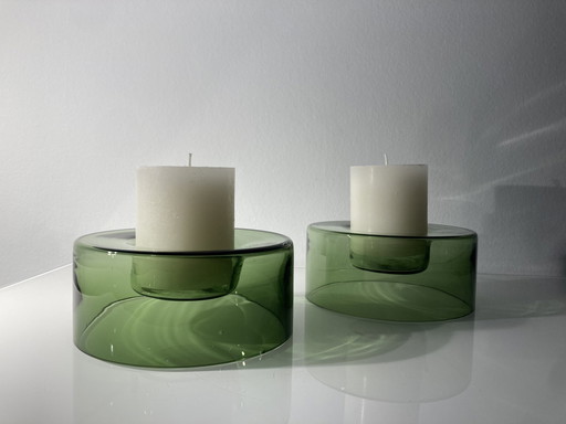 Set Of Two Green, Glass Candle Holders