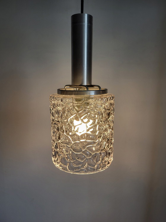 Image 1 of Vintage Ufo Pendant Lamp Matte Black, Glass Shade, Chrome Finish, 1950s