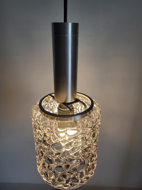 Image 1 of Vintage Ufo Pendant Lamp Matte Black, Glass Shade, Chrome Finish, 1950s