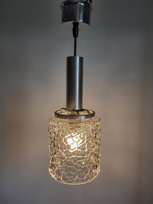 Vintage Ufo Pendant Lamp Matte Black, Glass Shade, Chrome Finish, 1950s