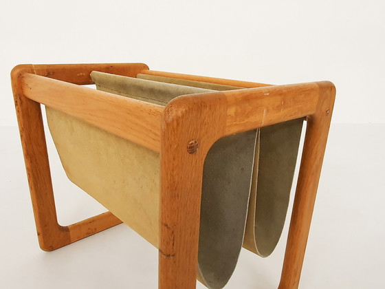 Image 1 of Scandinavian Modern oak and suede magazine stand, 1960's