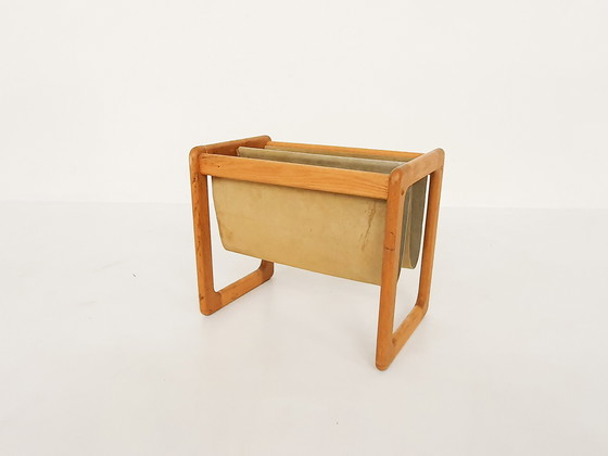 Image 1 of Scandinavian Modern oak and suede magazine stand, 1960's