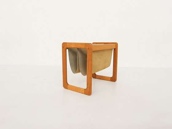 Image 1 of Scandinavian Modern oak and suede magazine stand, 1960's