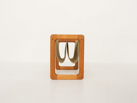 Image 1 of Scandinavian Modern oak and suede magazine stand, 1960's