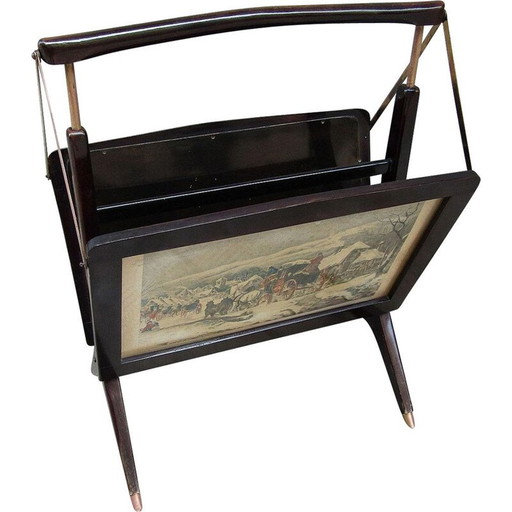 Revistero vintage de madera y latón, 1950