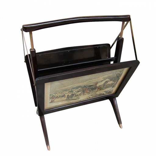 Revistero vintage de madera y latón, 1950