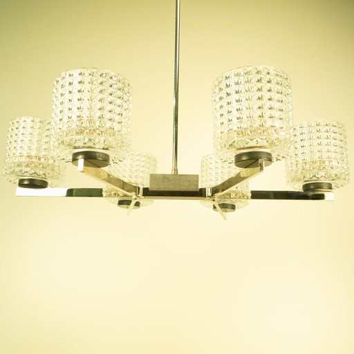 Six-light chandelier by Kaiser Leuchten, chrome, glass, 1960s