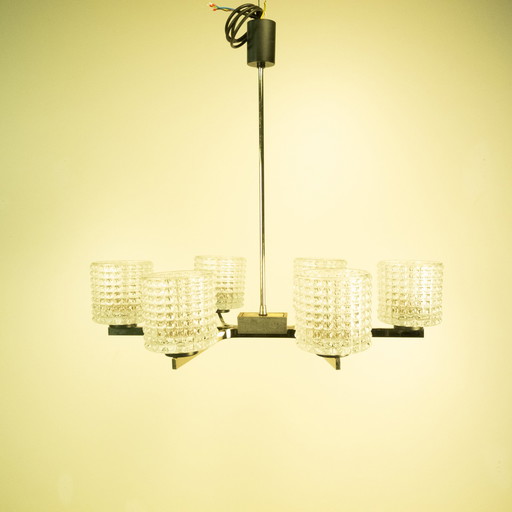 Six-light chandelier by Kaiser Leuchten, chrome, glass, 1960s