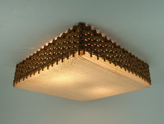 Image 1 of Large Mid Century Modern Ceiling Lamp Plafoniere Fiber Plastic Wicker 1960S