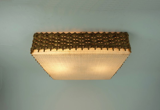 Image 1 of Large Mid Century Modern Ceiling Lamp Plafoniere Fiber Plastic Wicker 1960S