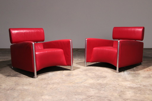 Leolux Design Armchairs in Ferrari-Red Leather model "Goncharov"