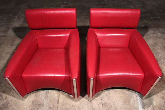 Image 1 of Leolux Design Armchairs in Ferrari-Red Leather model "Goncharov"