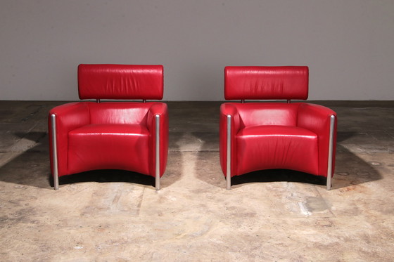 Image 1 of Leolux Design Armchairs in Ferrari-Red Leather model "Goncharov"