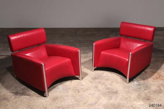 Image 1 of Leolux Design Armchairs in Ferrari-Red Leather model "Goncharov"