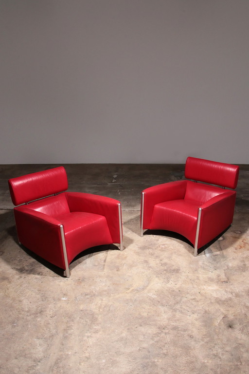 Leolux Design Armchairs in Ferrari-Red Leather model "Goncharov"