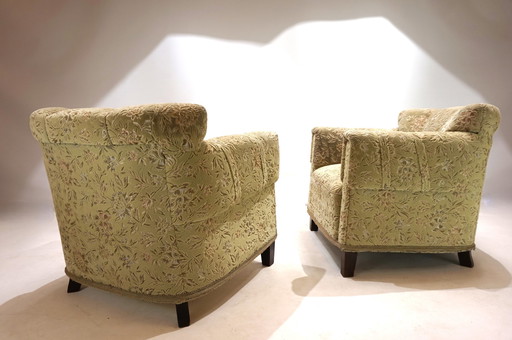 Art Deco Set Of 2 Jacquard Velvet Lounge Chairs, 1930