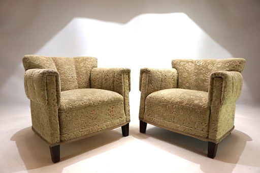 Art Deco Set Of 2 Jacquard Velvet Lounge Chairs, 1930