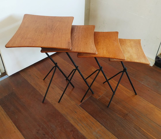 Image 1 of 4 1950 Wooden Metal Nesting Tables