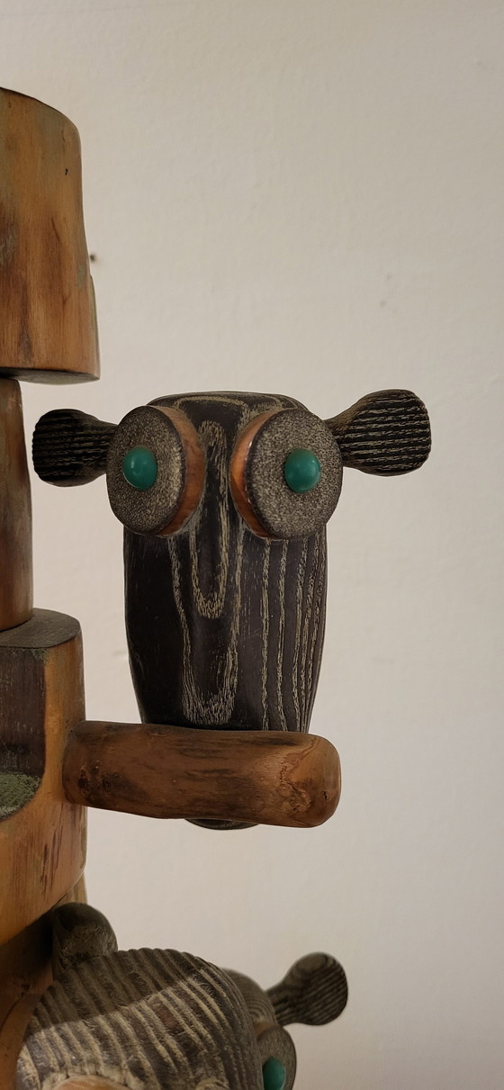 Image 1 of Mid - Century Scandi Style Wooden Lamp With 6 Owls