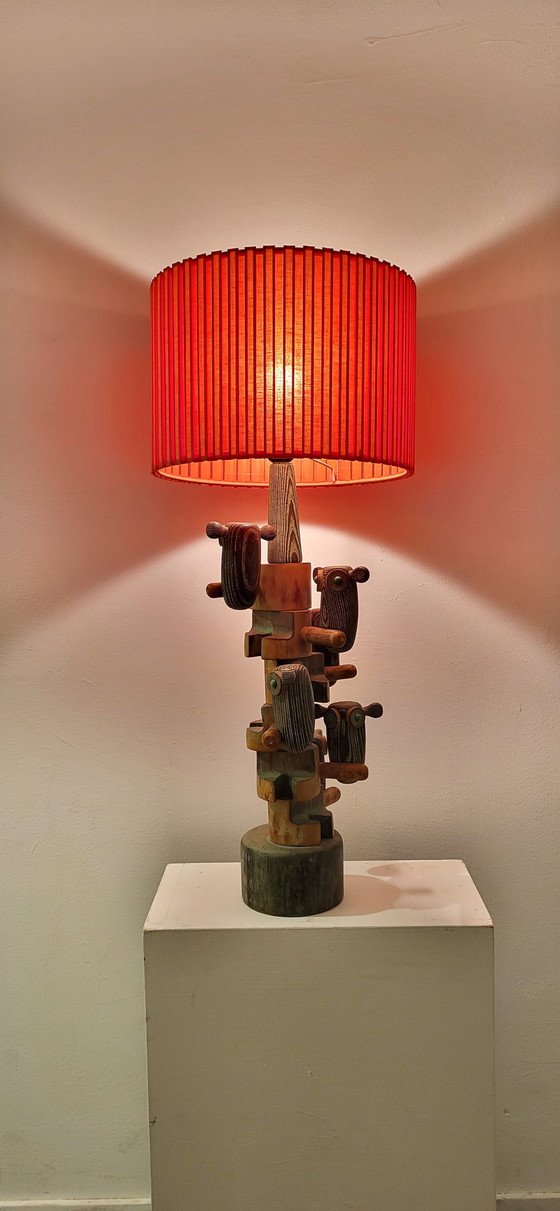 Image 1 of Lampe en bois de style Mid Century Scandi avec 6 hiboux