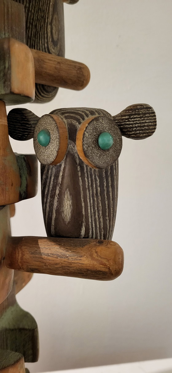 Image 1 of Mid - Century Scandi Style Wooden Lamp With 6 Owls