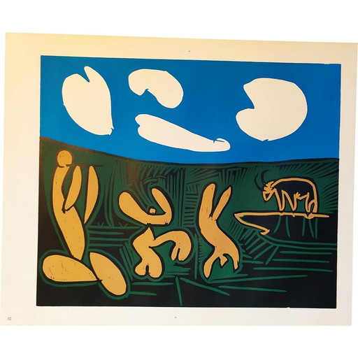 Vintage linocut "Bacchanal with Four Clouds" by Pablo Picasso, 1962
