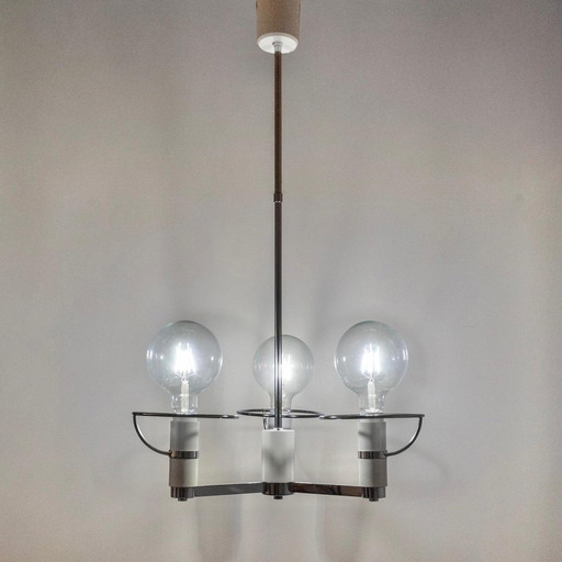 1x Space Age Three Lights Chromed Chandelier, Italy 1970s