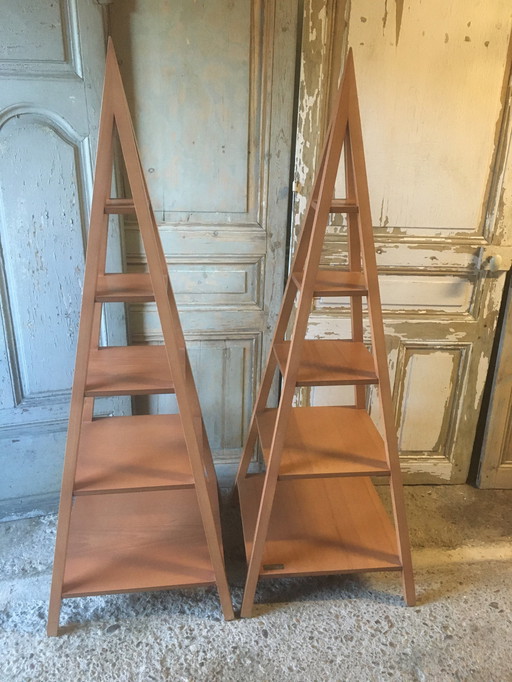 Pair of "Jodhpur" pyramidal shelves in rubberwood, India