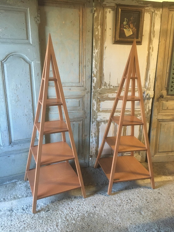 Image 1 of Pair of "Jodhpur" pyramidal shelves in rubberwood, India