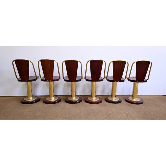 Image 1 of Set of 6 vintage mahogany and brass liner chairs, England