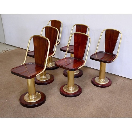 Image 1 of Set of 6 vintage mahogany and brass liner chairs, England