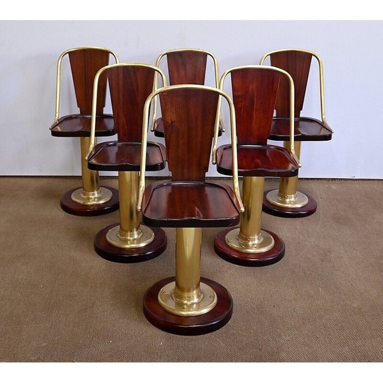 Image 1 of Set of 6 vintage mahogany and brass liner chairs, England