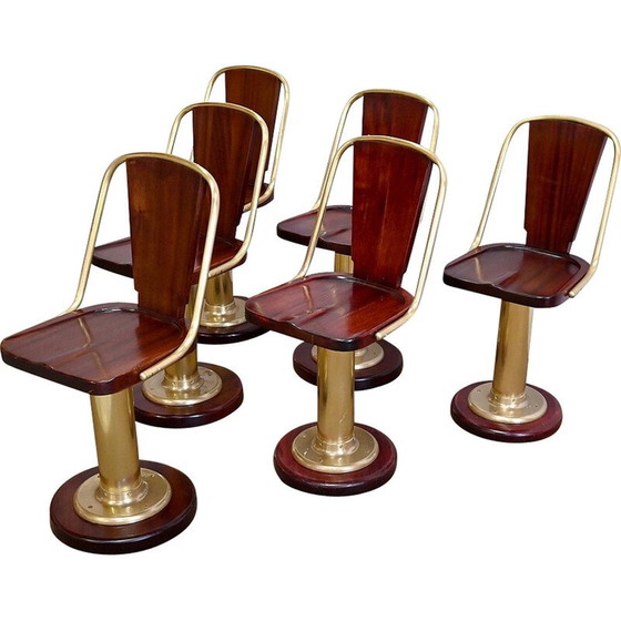 Image 1 of Set of 6 vintage mahogany and brass liner chairs, England