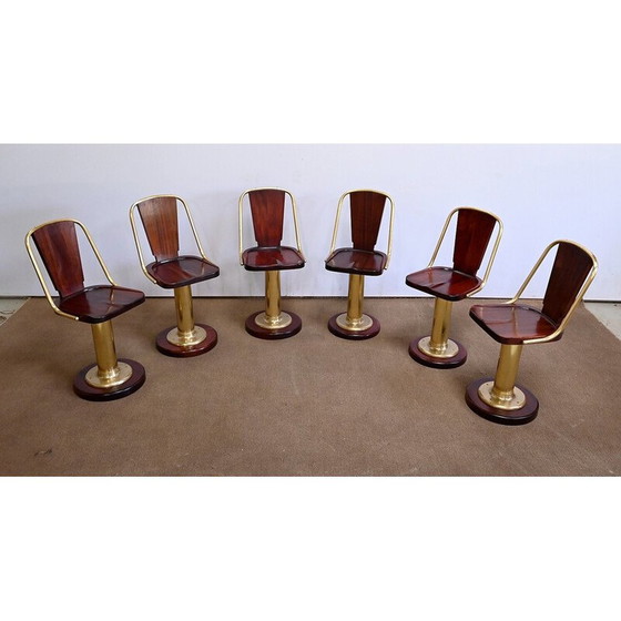 Image 1 of Set of 6 vintage mahogany and brass liner chairs, England