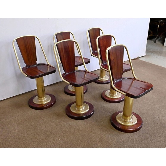 Image 1 of Set of 6 vintage mahogany and brass liner chairs, England