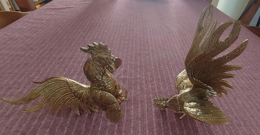 Set Of 2 Fighting Roosters In Heavy Brass - 1940s