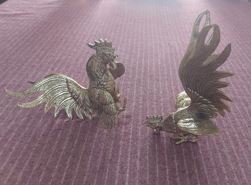 Set Of 2 Fighting Roosters In Heavy Brass - 1940s