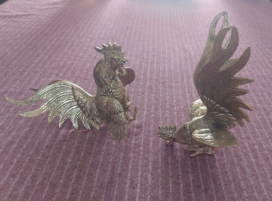 Image 1 of Set Of 2 Fighting Roosters In Heavy Brass - 1940s