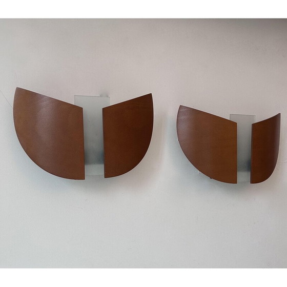 Image 1 of Pair of vintage wall lamp in thermoformed wood and sandblasted glass, France 1980