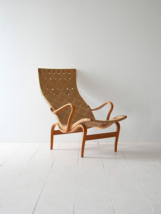 Vintage ‘Pernilla’ Chair & Ottoman By Bruno Mathsson, 1960S Scandinavian Design, Curved Wood And Woven Seat