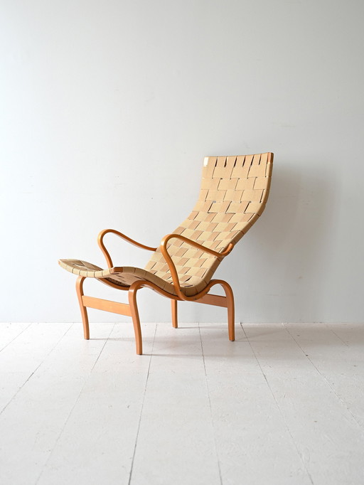 Vintage ‘Pernilla’ Chair & Ottoman By Bruno Mathsson, 1960S Scandinavian Design, Curved Wood And Woven Seat