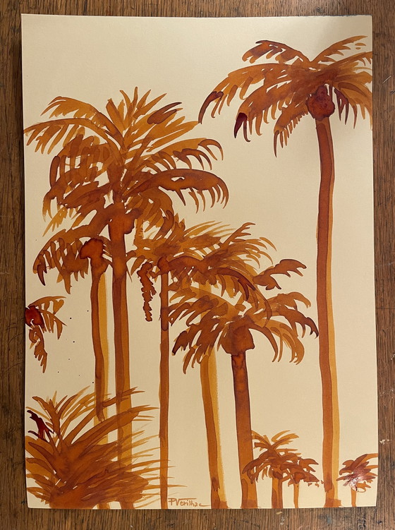 Image 1 of Watercolor Palm trees Rising Sun Miami