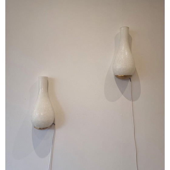 Image 1 of Pair of vintage wall lamps Oeufs in glass and brass by Jean Perzel, 1940