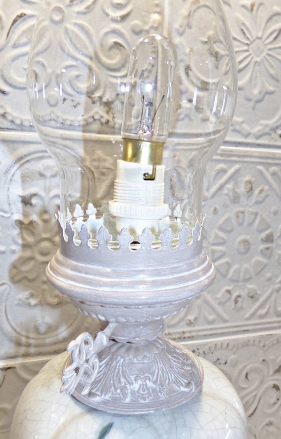 Image 1 of Antique Porcelain And Brass Lamp, Beige And White Patina With Glass Globe