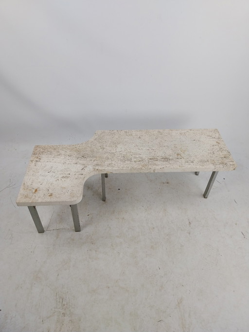 1 x travertine side table in abstract shape. Metal base 1970's