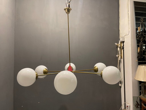 Sputnik Brass And Opaline Glass Chandelier, 1970S